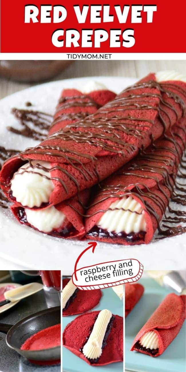 red velvet crepes with cream filling on a white plate drizzled with Nutella