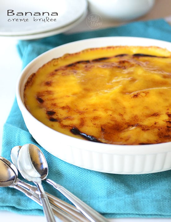 easy Banana Creme Brulee in a white dish