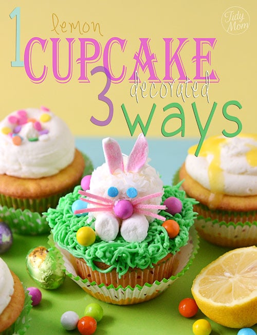 Lemon filled cupcake decorated 3 ways for Easter and Spring recipe at TidyMom.net