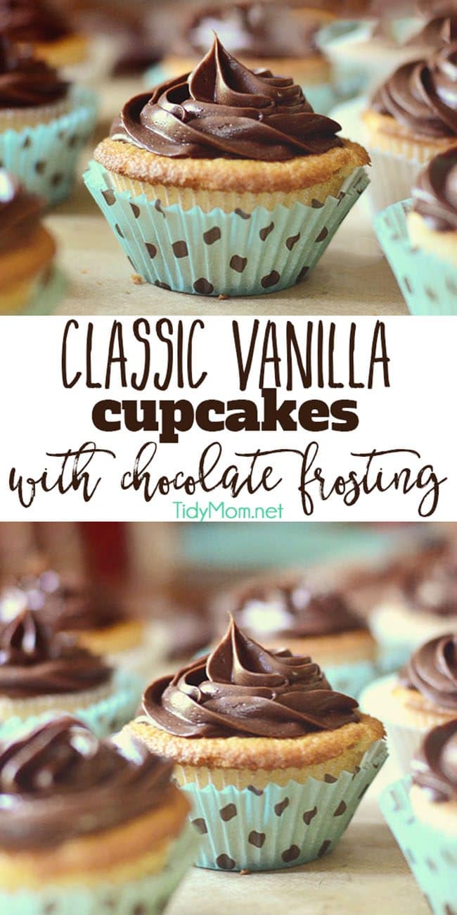 Classic Vanilla Cupcakes with Chocolate Frosting. Simply flavored, sweet, moist white cupcake recipe with a delightful light almond-vanilla flavor with a perfect medium crumb, smothered with the perfect chocolate frosting. Print full recipe at TidyMom.net