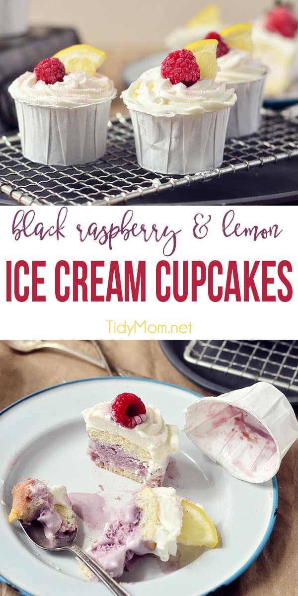 Nothing says summer like ice cream and cake! Eat them together with an ice cream cupcake topped with marshmallow frosting! Get the full recipe for Black Raspberry & Lemon Crush Ice Cream Cupcakes at TidyMom.net #cupcakes #icecream #icecreamcake
