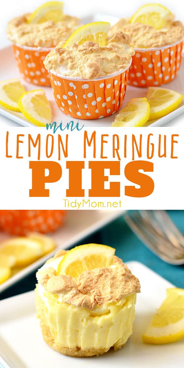These simple, fun, mini lemon meringue pies from scratch are fresh, tangy and perfect for summer picnics, parties, and BBQ. These pies are best served cold, making them a great make ahead dessert. So much easier than making a full pie! Print the full recipe at TidyMom.net #lemonmeringuepie #lemonpie