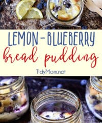 This lemon-blueberry bread pudding is not overly sweet and is one of the simplest desserts you can make! A zesty summer delight and comfort food at its finest with a punch of lemon and plump blueberries mixed throughout baked and served in your very own special jar makes it all the more decadent. Print recipe at TidyMom.net