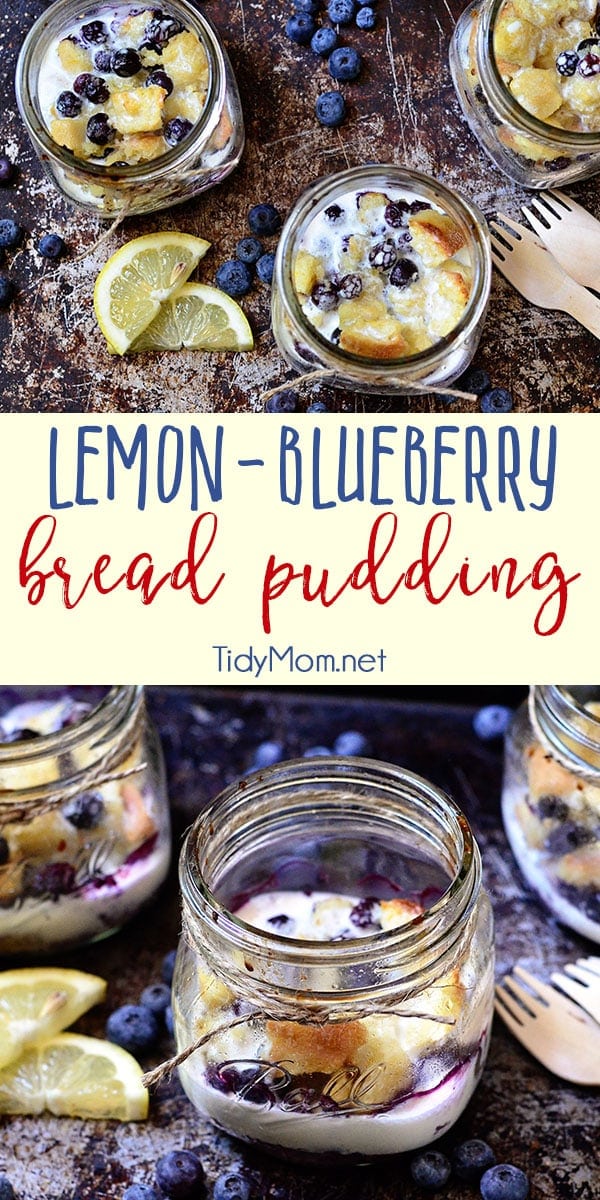 This lemon-blueberry bread pudding is not overly sweet and is one of the simplest desserts you can make! A zesty summer delight and comfort food at its finest with a punch of lemon and plump blueberries mixed throughout baked and served in your very own special jar makes it all the more decadent. Print recipe at TidyMom.net