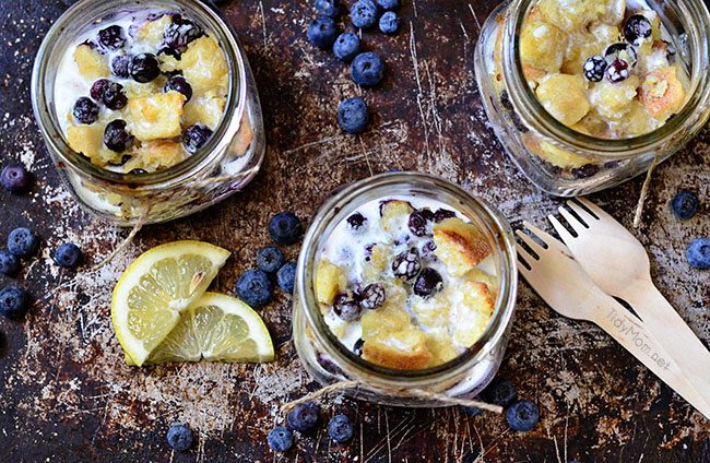 This lemon-blueberry bread pudding is not overly sweet and is one of the simplest desserts you can make! A zesty summer delight and comfort food at its finest with a punch of lemon and plump blueberries mixed throughout baked and served in your very own special jar makes it all the more decadent.