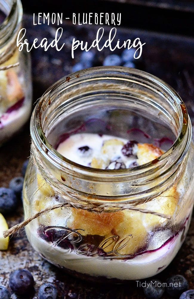 This lemon-blueberry bread pudding is not overly sweet and is one of the simplest desserts you can make! A zesty summer delight and comfort food at its finest with a punch of lemon and plump blueberries mixed throughout baked and served in your very own special jar makes it all the more decadent.