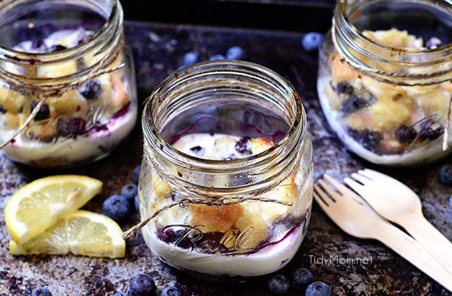 This lemon-blueberry bread pudding is not overly sweet and is one of the simplest desserts you can make! A zesty summer delight and comfort food at its finest with a punch of lemon and plump blueberries mixed throughout baked and served in your very own special jar makes it all the more decadent.