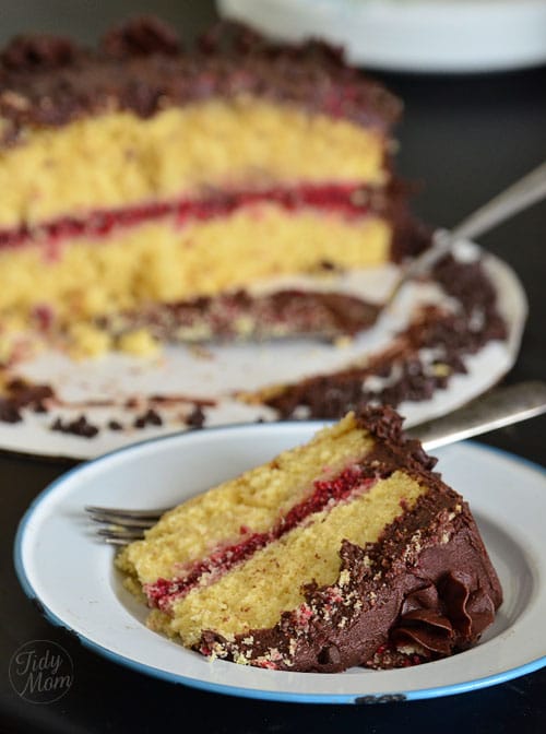 Dark Chocolate Frosted Butter Cake with Raspberry Preserves at TidyMom.net