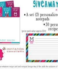 Invitation Consultants Giveaway at TidyMom.net win Personalized recipe cards & notepads