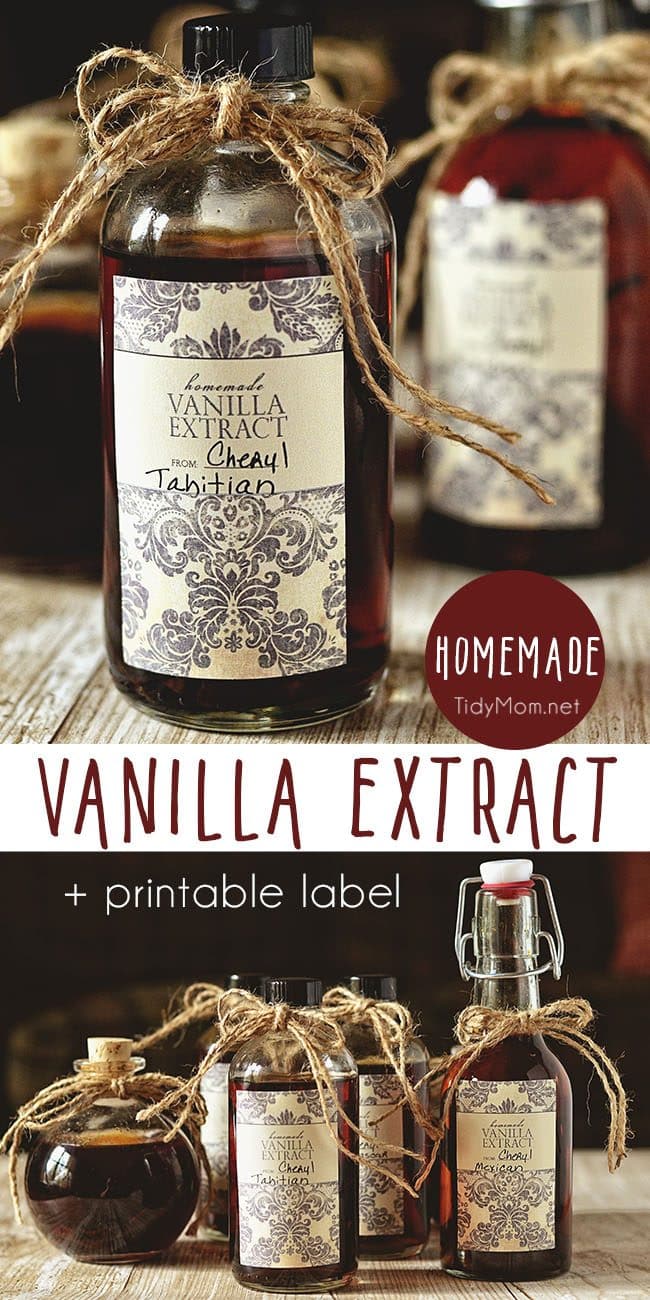 Make the best homemade vanilla extract in just a few minutes of hands-on time. The secret to making your own vanilla extract is using quality vanilla beans and a little patience. It makes a great homemade gift! Get all Homemade Vanilla Extract recipe + printable label at TidyMom.net