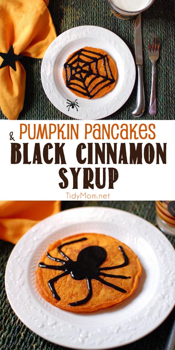 Spooky Pumpkin Pancakes with Black Cinnamon Syrup. Eating these pumpkin pancakes is so much more fun when you can draw your own design with the black cinnamon syrup. Click to get the pancake and syrup recipes at TidyMom.net