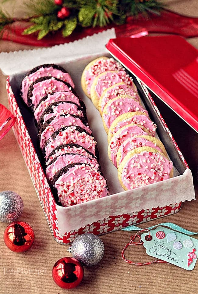 Peppermint cake mix cookies in a Christmas tin