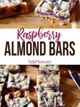 These Raspberry Almond Bars are sweet, tart, and totally satisfying. The perfect treat for snacks, school lunches or holiday cookie trays. The crumbly, buttery almond bar base is wonderful with any variety of jam that you like. Print the full recipes at TidyMom.net #almondbars #raspberry