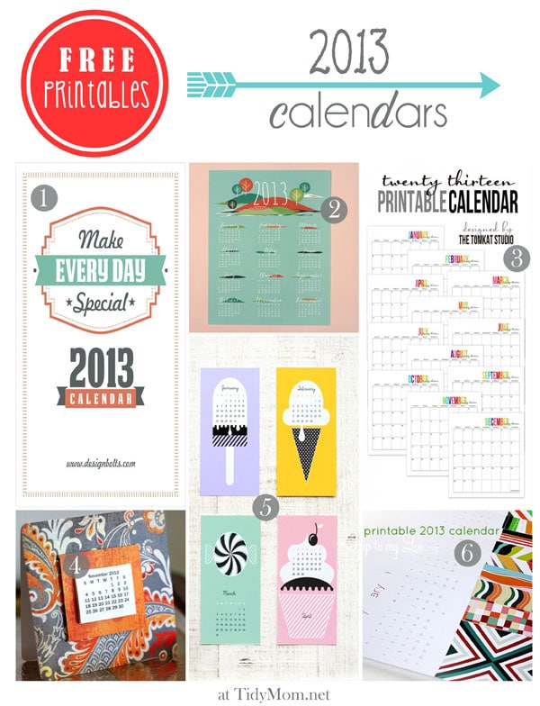 2013 printable calendars at TidyMom.net