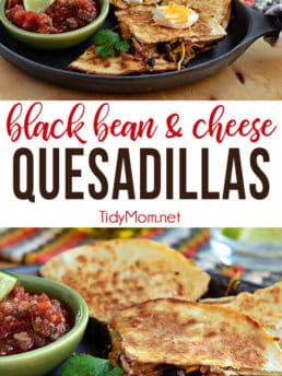 Black Bean and Cheese Quesadillas with salsa and cumin are perfect for a quick and hearty lunch or appetizer! Print the full recipe at TidyMom.net
