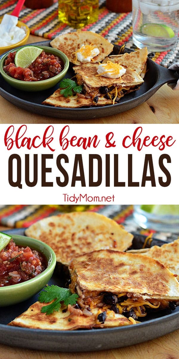 Black Bean and Cheese Quesadillas with salsa and cumin are perfect for a quick and hearty lunch or appetizer! Print the full recipe at TidyMom.net