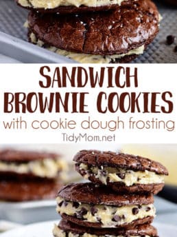 Cookie Dough Brownie Cookies with Chocolate Chip Frosting will be your new favorite treat! A chewy decadent brownie sandwich cookie filled with chocolate chip cookie dough frosting that gives the whole ensemble a four-star rating from any brownie lover. Print the full recipe at TidyMom.net #brownies #cookies #chocolate #cookiedough #chocolatechip