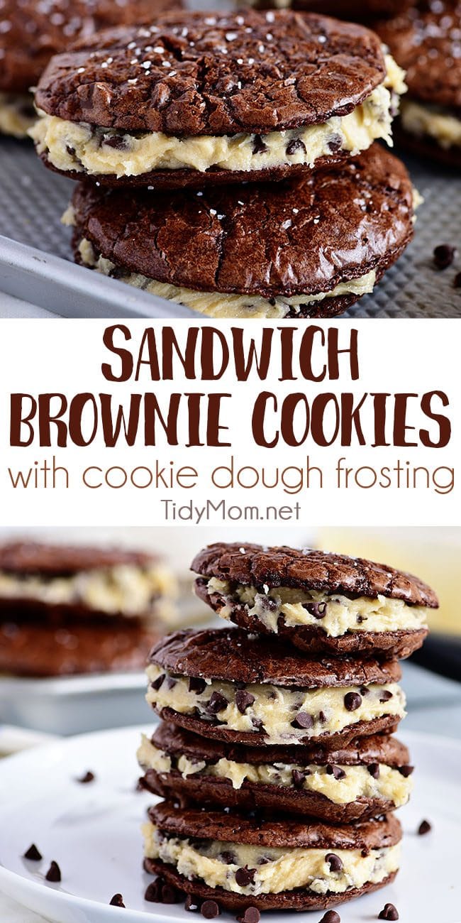 Sandwich Brownie Cookies with Cookie Dough Frosting will be your new favorite treat! A chewy decadent brownie sandwich cookie filled with chocolate chip cookie dough frosting that gives the whole ensemble a five-star rating from any brownie lover. Print the full recipe at TidyMom.net #brownies #cookies #chocolate #cookiedough #chocolatechip