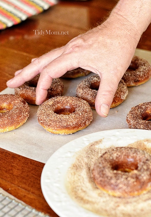 Baked donuts are quick and much easier than fried donuts. This recipe for BAKED MAPLE & CINNAMON DONUTS is full of maple flavor, topped with cinnamon and sugar and can be on your table in under 20 minutes. Printable recipe + video at TidyMom.net