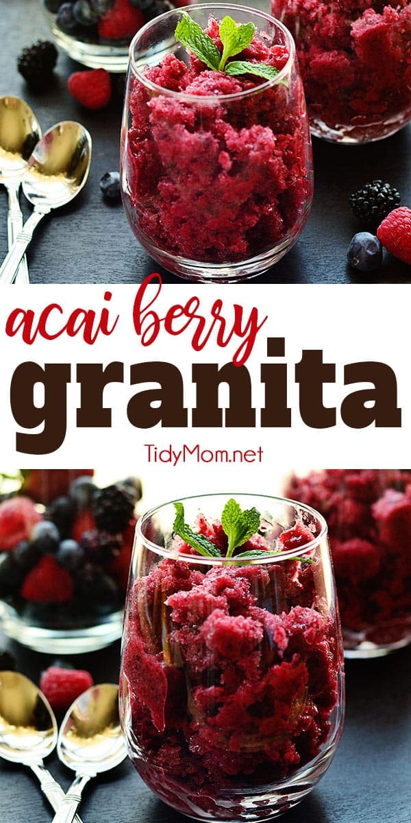 Easy and delicious Acai Berry Granita is a is a semi-frozen dessert. Print the full recipe at TidyMom.net #dessert #granita