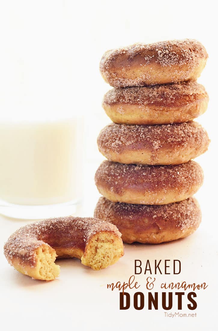 Baked donuts are quick and much easier than fried donuts. This recipe for BAKED MAPLE & CINNAMON DONUTS is full of maple flavor, topped with cinnamon and sugar and can be on your table in under 20 minutes. Printable recipe + video at TidyMom.net