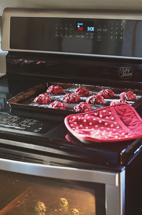 red velvet cookies in the oven