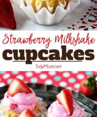 Fresh strawberries makes this Strawberry Buttercream the perfect complement to the french vanilla cake beneath in these Strawberry Milkshake Cupcakes. Get the full easy cupcake recipe at TidyMom.net