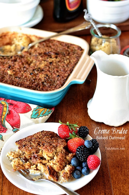 This Creme Brulee Baked Oatmeal is a creamy, yet firm oatmeal with a finishing sugary crunch that will make you forget that you’re eating something nutritious! Warm or cold, it's perfect with a drizzle of milk making its way into all of the crevices. Serve with a side fresh fruit and you’ll be satisfied until lunch! Print recipe + step-by-step video at TidyMom.net