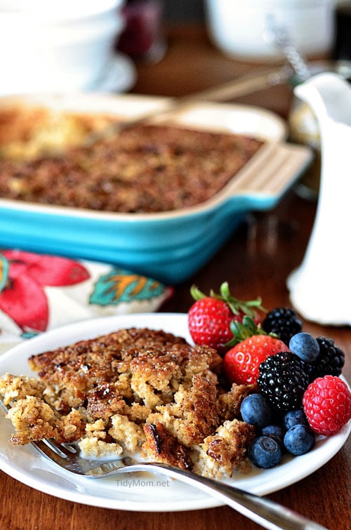 This Creme Brulee Baked Oatmeal is a creamy, yet firm oatmeal with a finishing sugary crunch that will make you forget that you’re eating something nutritious! Warm or cold, it's perfect with a drizzle of milk making its way into all of the crevices. Serve with a side fresh fruit and you’ll be satisfied until lunch! Print recipe + step-by-step video at TidyMom.net