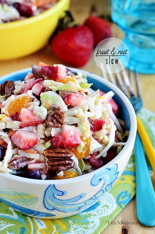 Push that classic slaw recipe aside. Fruit and Nut Slaw with strawberries, grapes and mandarin oranges, dressed in a light slaw dressing with pecans and blue cheese, is a great cool summer side dish that everyone loves. It needs time for the flavors to meld and pairs well with anything. Make it for your next BBQ!