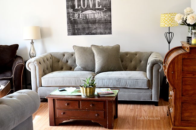 Gray Tufted Back sofa at TidyMom