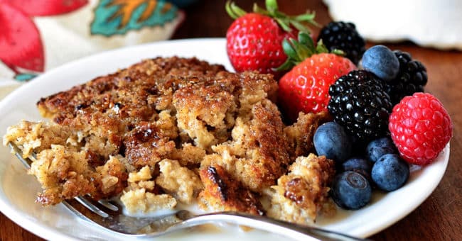 This Creme Brulee Baked Oatmeal is a creamy, yet firm oatmeal with a finishing sugary crunch that will make you forget that you’re eating something nutritious! Warm or cold, it's perfect with a drizzle of milk making its way into all of the crevices. Serve with a side fresh fruit and you’ll be satisfied until lunch! Print recipe + step-by-step video at TidyMom.net