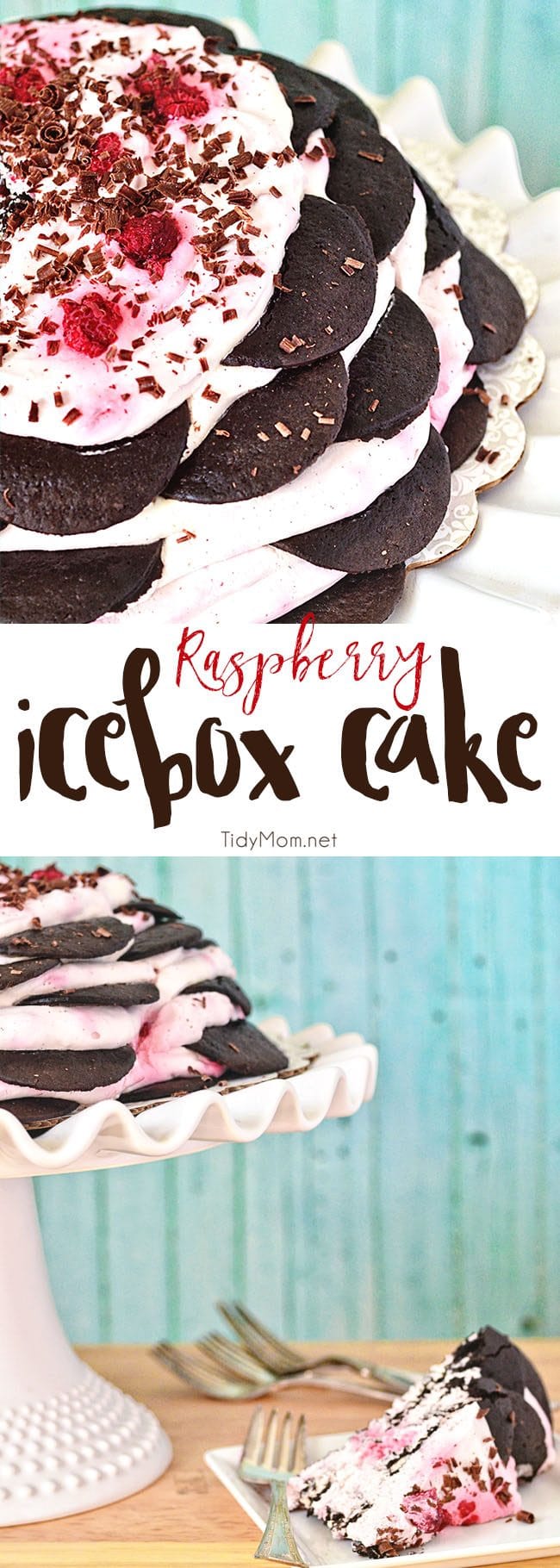 Raspberry Icebox cake is an easy, no-bake dessert with layer after layer of chocolate wafers and raspberry whipped cream. Get the full printable recipe at TidyMom.net