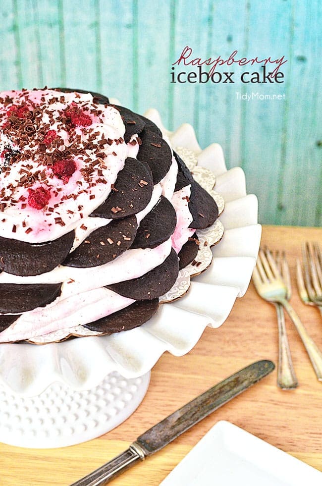 Raspberry Icebox cake is an easy, no-bake dessert with layer after layer of chocolate wafers and raspberry whipped cream. Get the full printable recipe at TidyMom.net