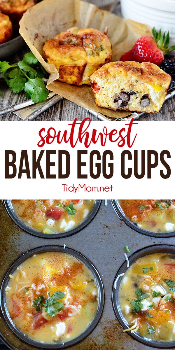 To ease the morning scramble, make these Southwest Baked Egg Cups the night before or over the weekend, wrap in a paper towel and store in an airtight container in the refrigerator.  In the morning just grab and reheat for a minute in the microwave for a fast delicious protein-packed hot breakfast at home or on the go. Print the full recipe at TidyMom.net #breakfast #eggs #tidymo