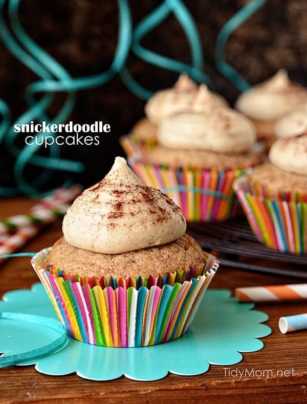 These Snickerdoodle cupcakes are super moist and taste just like a fresh baked snickerdoodle cookie. Topped with a crown of Brown Sugar Buttercream, it's a tasty treat you don't want to miss. Print the full recipe at TidyMom.net #cupcakes #snickerdoodles #frosting