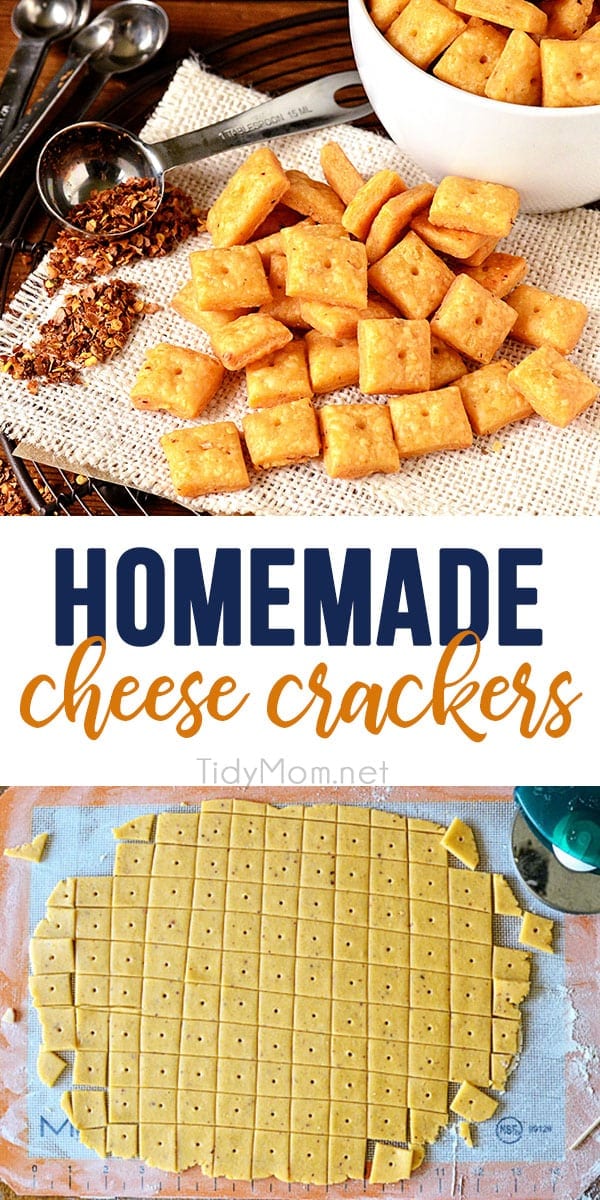 With only 6 easy ingredients you can have flaky delicious homemade cheese crackers in under an hour. You'll fall deeply in love with the flavor, sharp cheddar kissed with a touch of red pepper for a bit of a kick.  Since you know what's in them, you won't have to feel so guilty eating them.  Print the full recipe at TidyMom.net #crackers #recipe #cheese