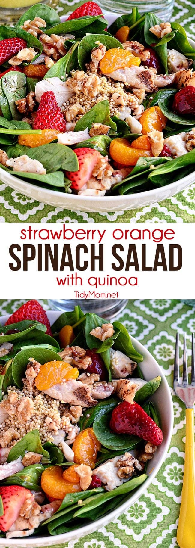 A hearty spring Strawberry Orange Spinach Salad with Quinoa is full of protein. Perfect for lunch or dinner on warm spring days. Print full recipe at TidyMom.net