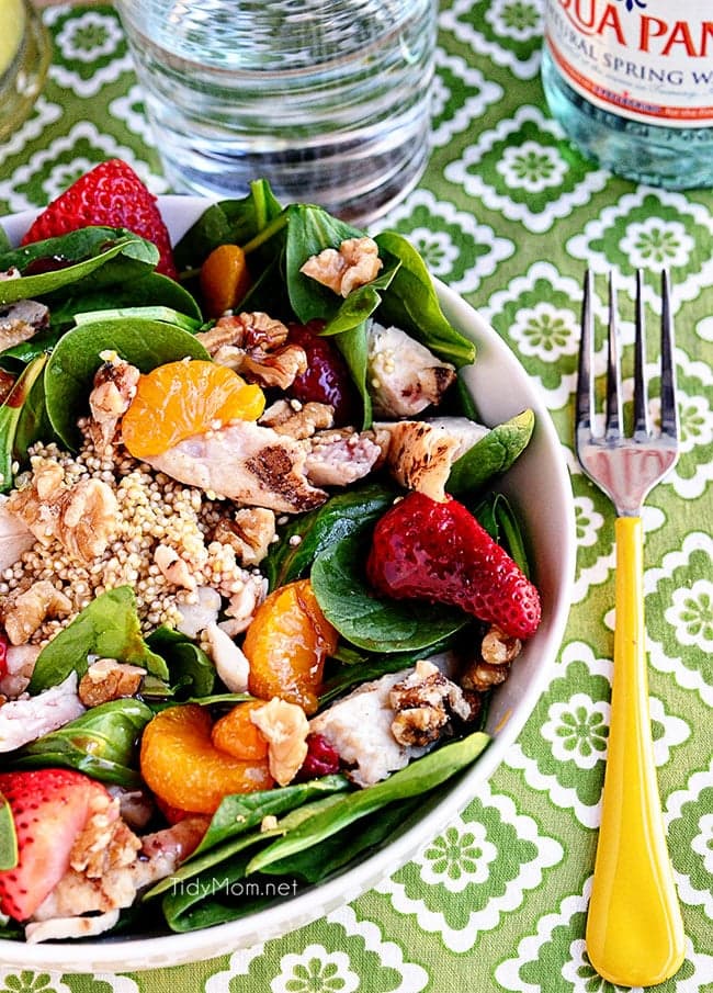 A hearty spring Strawberry Orange Spinach Salad with Quinoa is full of protein. Perfect for lunch or dinner on warm spring days. Print Full Recipe at TidyMom.net