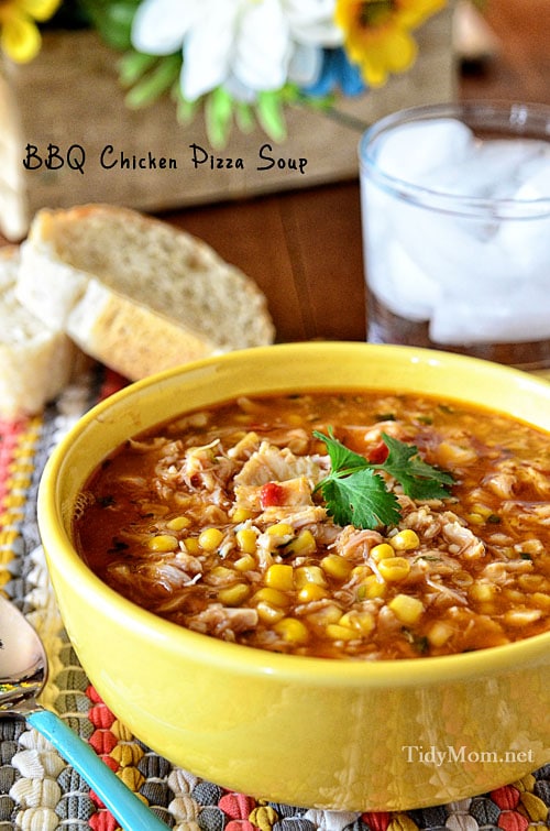 BBQ Chicken Pizza Soup in a yellow bowl