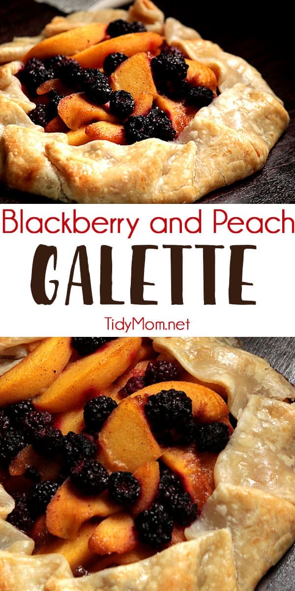 Make the most of those summer blackberries and peaches! Blackberry and Peach Galette is a beautiful, and simple rustic dessert that's perfect for summertime! Use peaches, apricots, or any other beautiful stone fruit and berries for this rustic easier-than-pie dessert. Print the full recipe at TidyMom.net