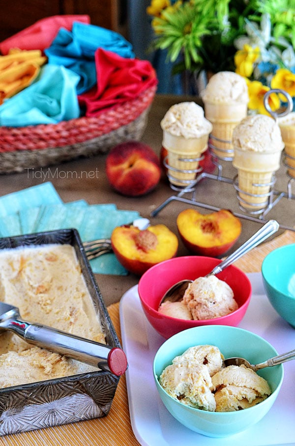 Roasted Brown Sugar Peaches and Cream Frozen Custard in bowls