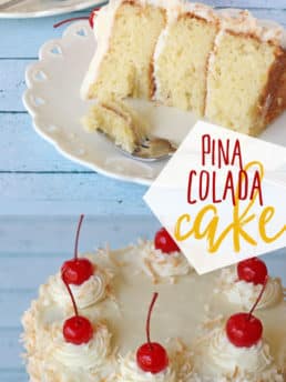 This Pina Colada Cake has all the flavors of the favorite frozen cocktail. One bite of the tropical dessert, a moist pineapple cake, paired with a rich coconut cream cheese frosting and you've escaped to paradise. Print this Pina Colada Cake recipe at TidyMom.net