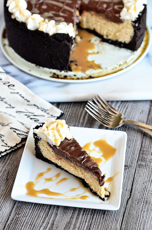 Salted Caramel Cheesecake with Chocolate Ganache at TidyMom.net