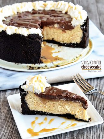 Caramel fans will be in heaven with this Salted Caramel Cheesecake recipe topped with a sticky caramel sauce, chocolate ganache and a sprinkle of sea salt. Print full recipe at TidyMom.net