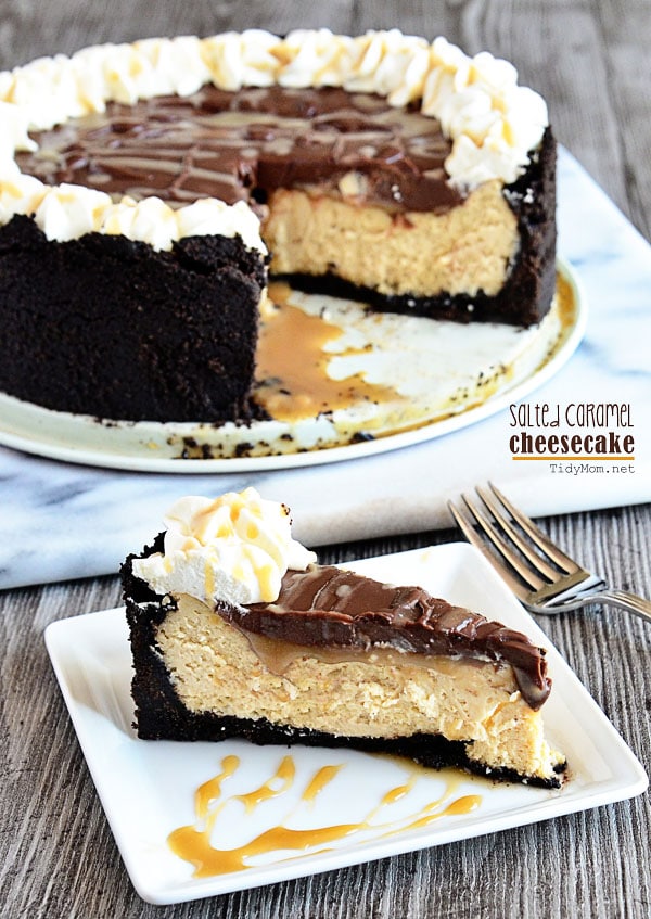 Delicious Salted Caramel Cheesecake with Chocolate Ganache at TidyMom.net