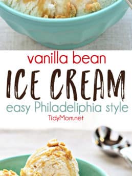 Vanilla Bean Ice Cream Recipe - Everyone should have a truly-easy and delicious no-cook vanilla ice cream recipe in their arsenal. Philadelphia style ice creams are quicker to make, don't involve any cooking, and have a heavy cream/milk mixture for the base. Print the full recipe for HOMEMADE VANILLA BEAN ICE CREAM at TidyMom.net