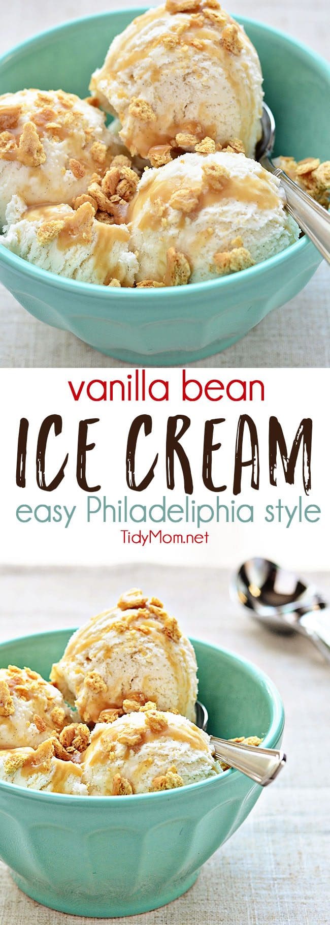 Vanilla Bean Ice Cream Recipe - Everyone should have a truly-easy and delicious no-cook vanilla ice cream recipe in their arsenal. Philadelphia style ice creams are quicker to make, don't involve any cooking, and have a heavy cream/milk mixture for the base. Print the full recipe for HOMEMADE VANILLA BEAN ICE CREAM at TidyMom.net