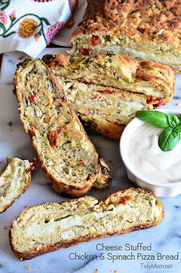 Cheese Stuffed Chicken & Spinach Pizza Bread. Recipe at TidyMom.net