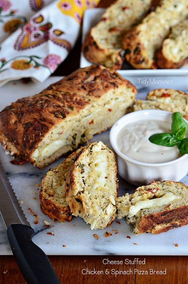 Cheese Stuffed Chicken & Spinach Pizza Bread. Recipe at TidyMom.net